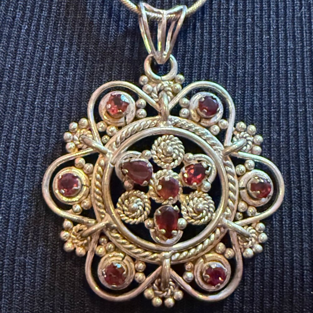 Sterling 925 and Garnet Bohemian Pendant with Sterling Silver 20 Inch Chain